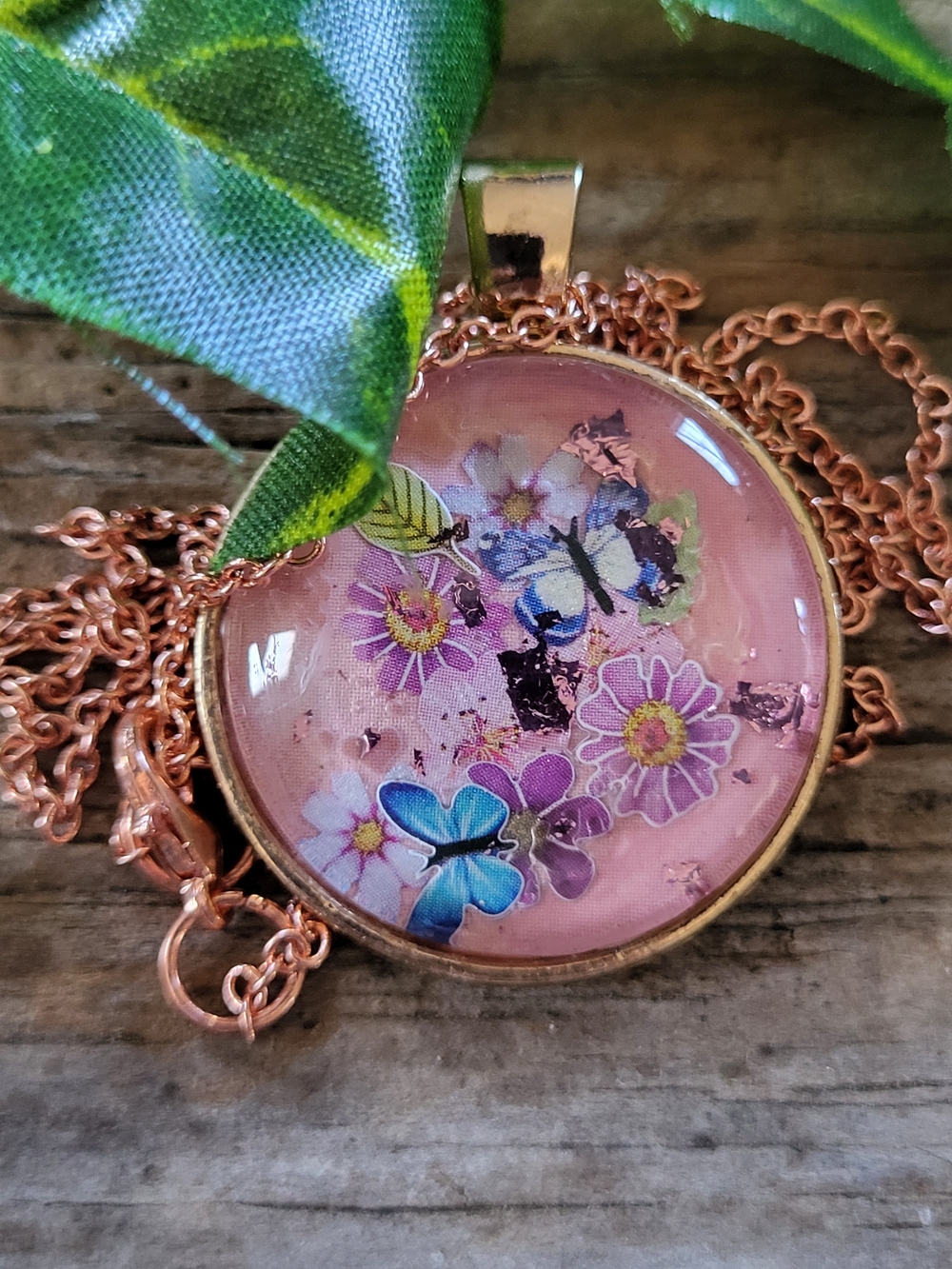 Floral Pink  Rose Gold Necklace Under Glass